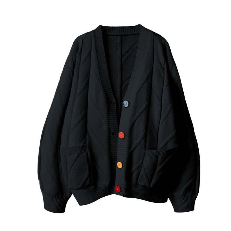 ebossy Women's Cable Knit Long Sleeve Open Front Cardigan Sheep V-Neck Button Down Embroidery Wool Blend Sweater Coat Outwear, Z-Black, Large