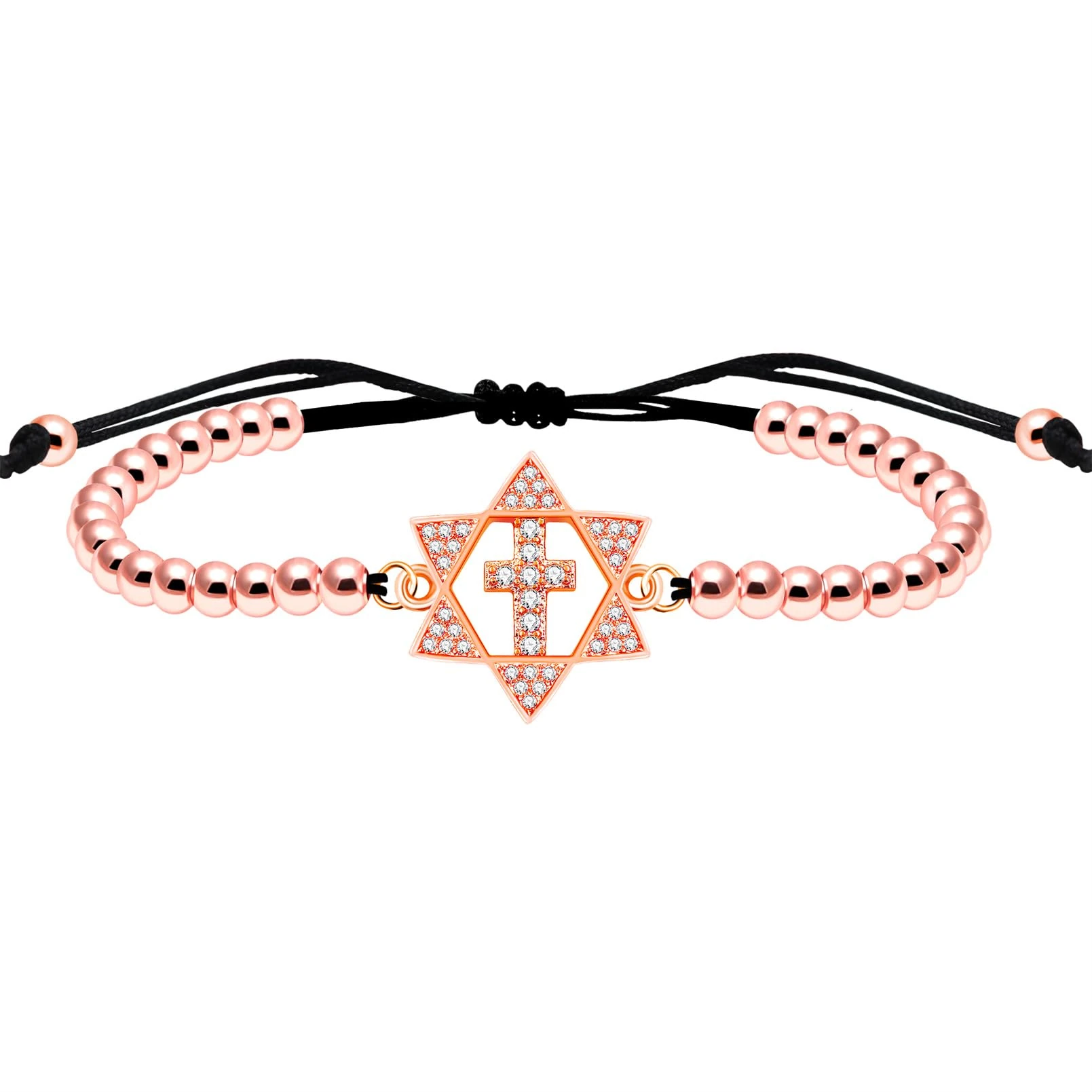 Vivaday Spiritual Hexagram Cross Bead Bracelet | Faith Inspirational David Star Jewelry | Blessing Good Luck Adjustable Cubic Zirconia Bracelets | Symbolizing Peace and Reconciliation YA4929
