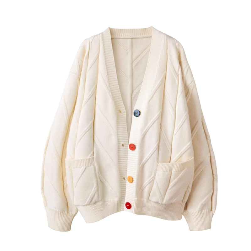 Women's Cable Knit Long Sleeve Open Front Cardigan Sheep V-Neck Button Down Embroidery Wool Blend Sweater Coat Outwear, Z-Apricot, XL