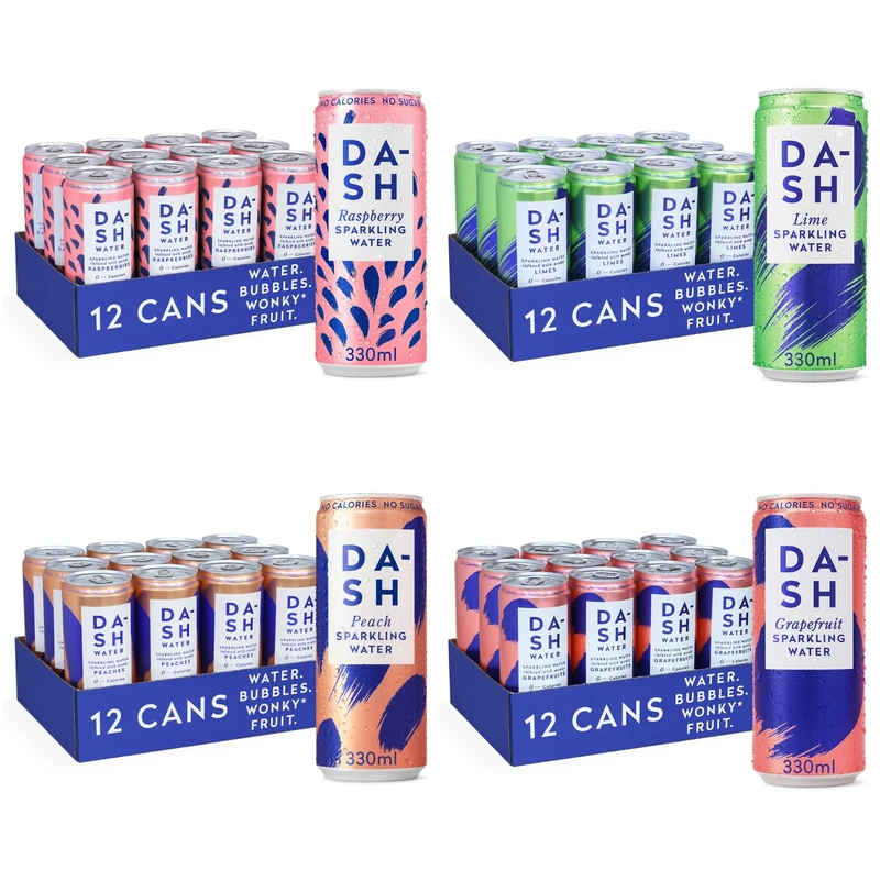 Dash Water - Pack of 48-12x Raspberry, 12x Lime, 12x Grapefruit, 12x Peach - NO Sugar, NO Sweetener, NO Calories - Infused with Wonky Fruit (330ml per Can)