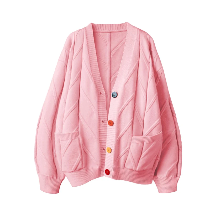 Women's Cable Knit Long Sleeve Open Front Cardigan Sheep V-Neck Button Down Embroidery Wool Blend Sweater Coat Outwear, Z-Pink, Medium