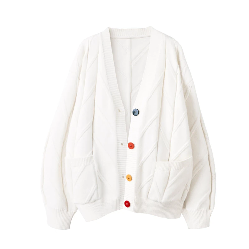 Women’s Cardigan, Long-Sleeved, Ribbed Knit, Open Front, V Neck, Buttons and Embroidery, Wool Blend, Z-White, M