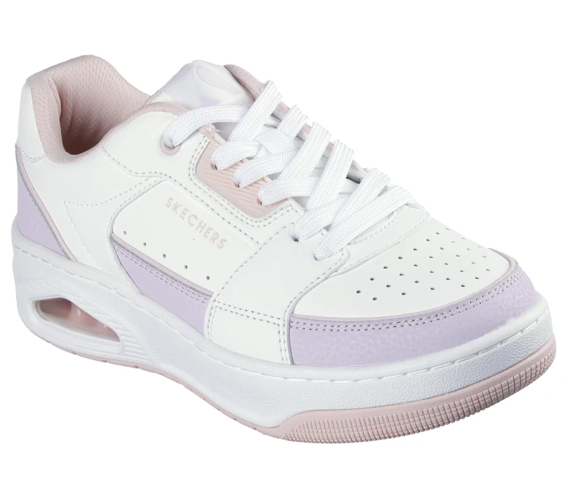 Skechers Women's Uno Court Courted Style Sneaker, White Leather/Duraleather Lavender Pink Trim, 4.5 UK