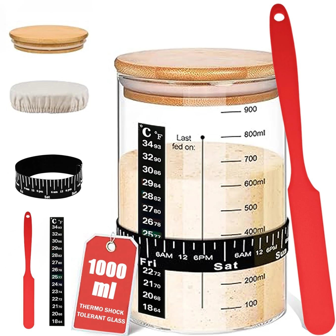 SoLuna.® Sourdough Starter Jar Kit 1 Litre/1000ml [Premium Glass] - Large Borosilicate Sourdough Starter Jar, Date Feeding Band/Thermometer/Spatula/Cloth Cover/Lid - Bread Making Accessories (Red)