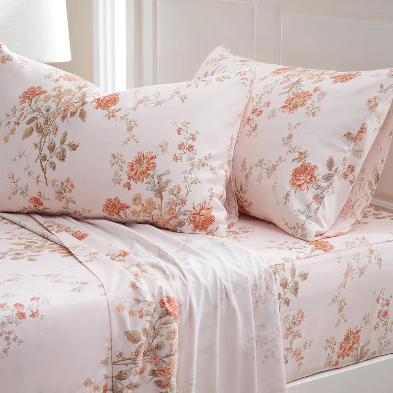 Zusbest Queen Sheet Set 100% Percale Cotton Orange Floral Bed Sheet Set, Brushed for Extra Softness, Luxury Flannel Sheets Like Shabby Vintage Flower Print Deep Pocket Sheets 17.5'' 4 Pcs