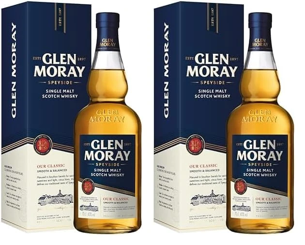 Glen Moray Classic single malt Scotch whisky 70cl 40% ABV, Speyside region whisky matured in ex-Bourbon casks. Distilled and matured in Elgin, Scotland (Pack of 2)