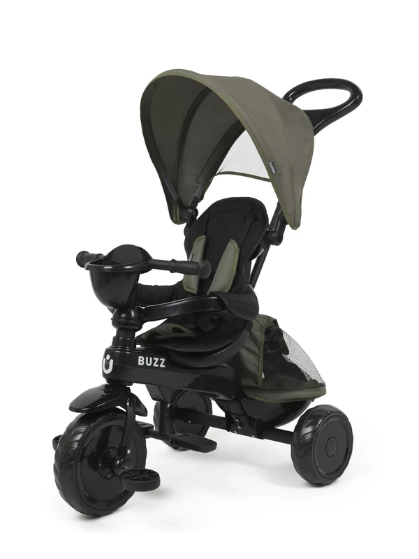 Buzz Baby Trike, 4 in 1 Kids Tricycle, Removable Canopy, 5-Point Safety Harness, from 10 Months to 25kg, Black/Green
