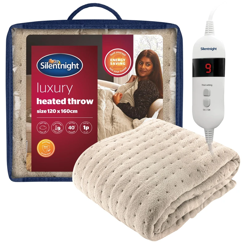 Silentnight Comfort Control Heated Throw Blanket - Luxury Fleece Electric Heated Overblanket for Sofa Bed with 9 Heat Settings, Fast Heat-up Safety Shut Off - Machine Washable - 120x160cm - Natural