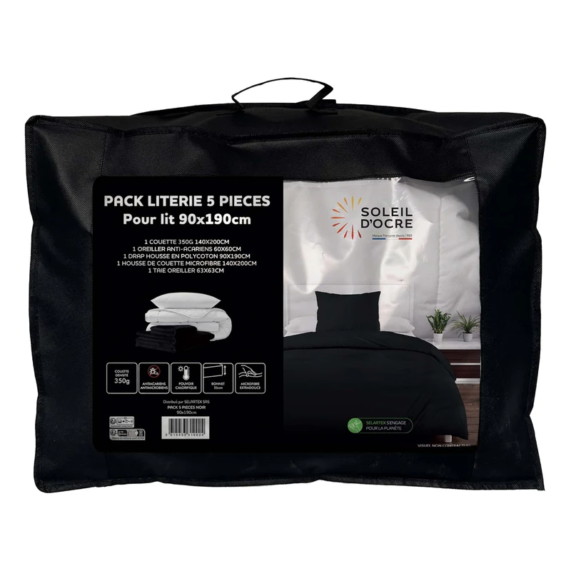 Soleil d'ocre, Boheme 5-Piece Duvet and Bedding Set for Bed 90 x 190 cm Black