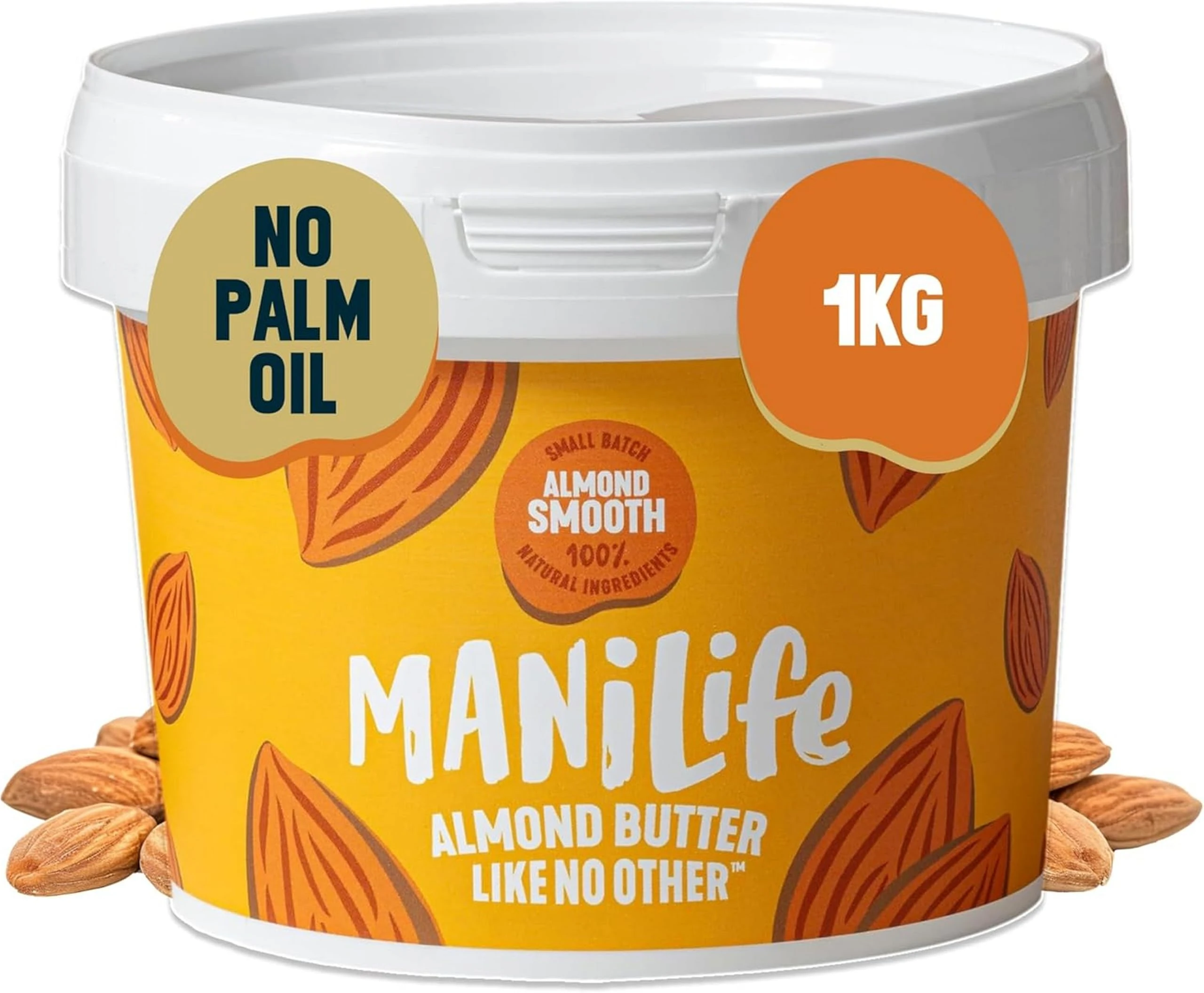 MANÍLIFE Almond Butter Smooth, 1kg Jar - Smooth and Sweet Vegan Almond Butter Made from Quality Portuguese Almonds - No Palm Oil, No Added Sugar, No GMO