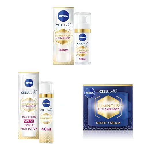 Bundle of NIVEA Cellular Luminous 630 Anti Dark-Spot Treatment Serum (30ml), NIVEA Luminous 630 Anti Dark-Spot Day Moisturiser SPF 50 (40ml), NIVEA LUMINOUS 630 Anti-Dark Spot Night Cream (50ml)