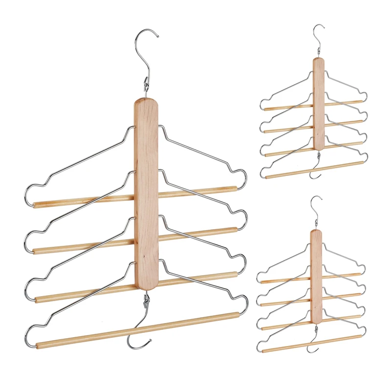 Relaxdays Set of 3 Multi Clothes, Holder with 4 Flexible Coat Hangers, Organiser, Metal Hooks, Wood, Natural, Iron, 49 x 42.5 x 2.5 cm