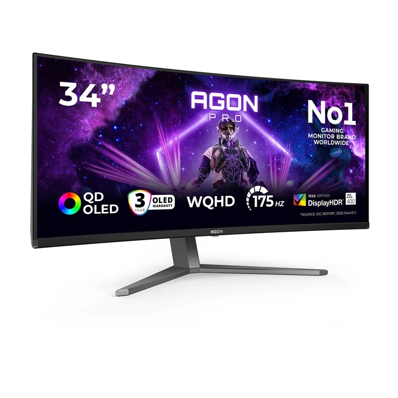 AOC AG346UCD 34 inch UW-QHD Monitor Curved, 175Hz, QD-OLED Panel, 0.03ms GtG, Adaptive Sync, HDR400 TrueBlack, FreeSync Premium, G-Sync Comp., Speakers (3440x1440 HDMI 2x 2.0 DP 1x 1.4 USB Hub) Black