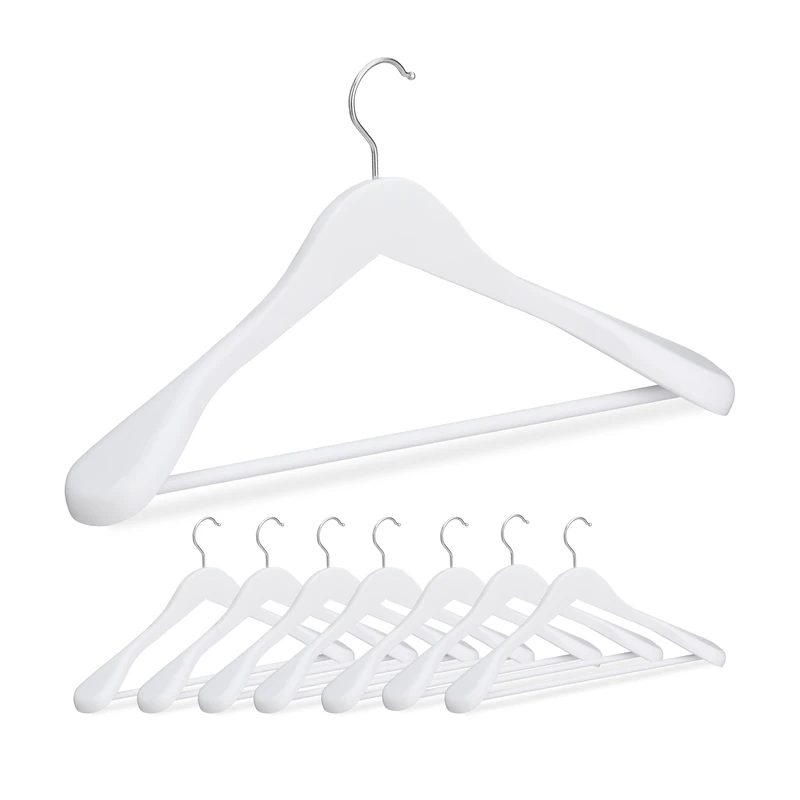 Relaxdays Set of 8 Suit Hanger, Wide Shoulder, Trouser Bar, for Jacket, Shirt, Trousers, Wooden, 23 x 45 x 6 cm, White