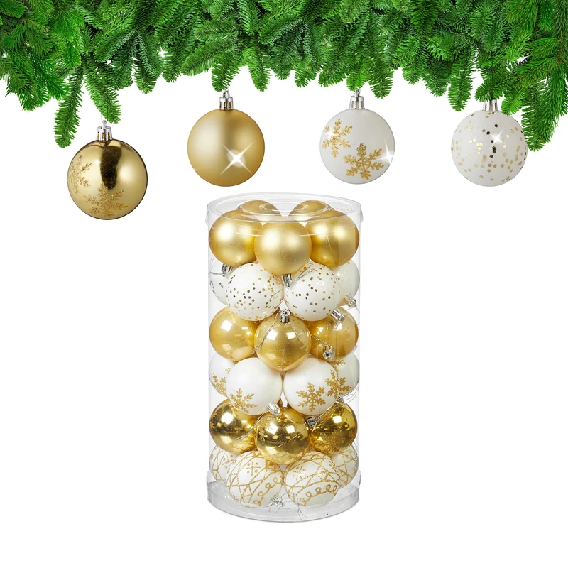 Relaxdays Christmas Baubles Set of 30, Plastic, D: 6 cm, Round, Shatterproof, Tree Decorations, Patterns, Gold/White