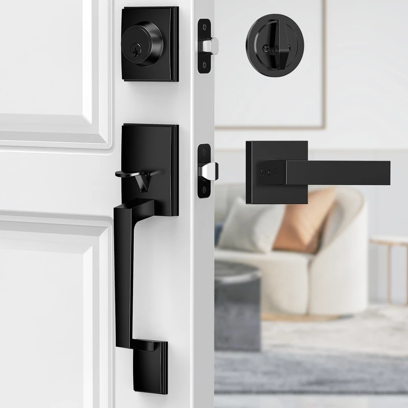 MAXECURITY Black Front Door Lock Set - Modern Exterior Door Handle and Deadbolt, Reversible for Right & Left Handed