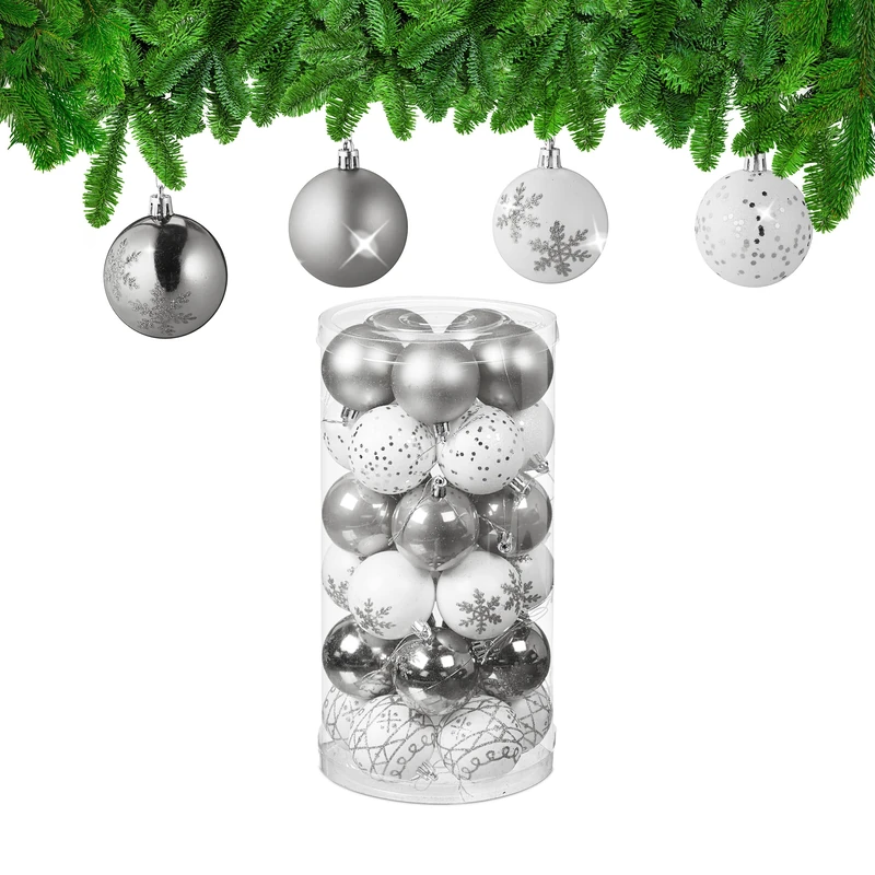 Relaxdays Christmas Baubles Set of 30, Plastic, D: 6 cm, Round, Shatterproof, Tree Decorations, Patterns, Silver/White