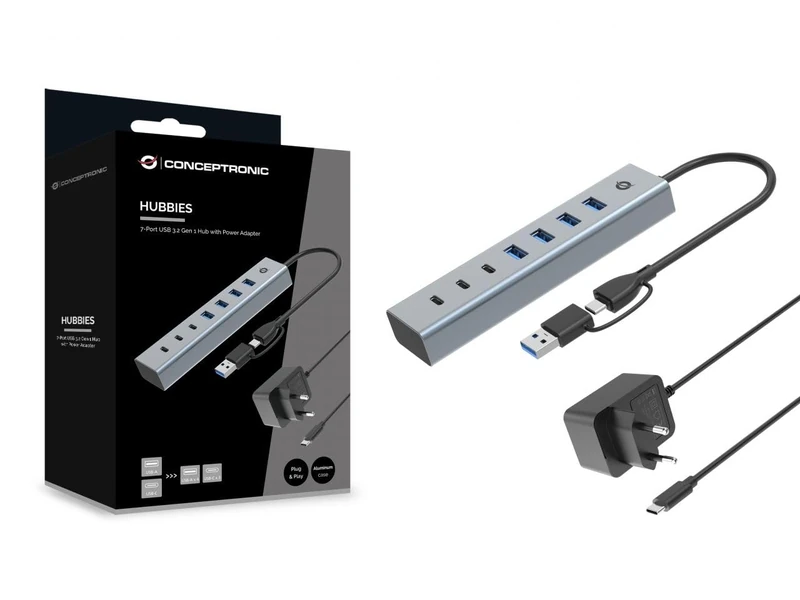 Conceptronic HUBBIES20GP 7-Port USB 3.2 Gen 1 Hub with Power Supply, 5Gbps, USB-C x 3, USB-A x 4