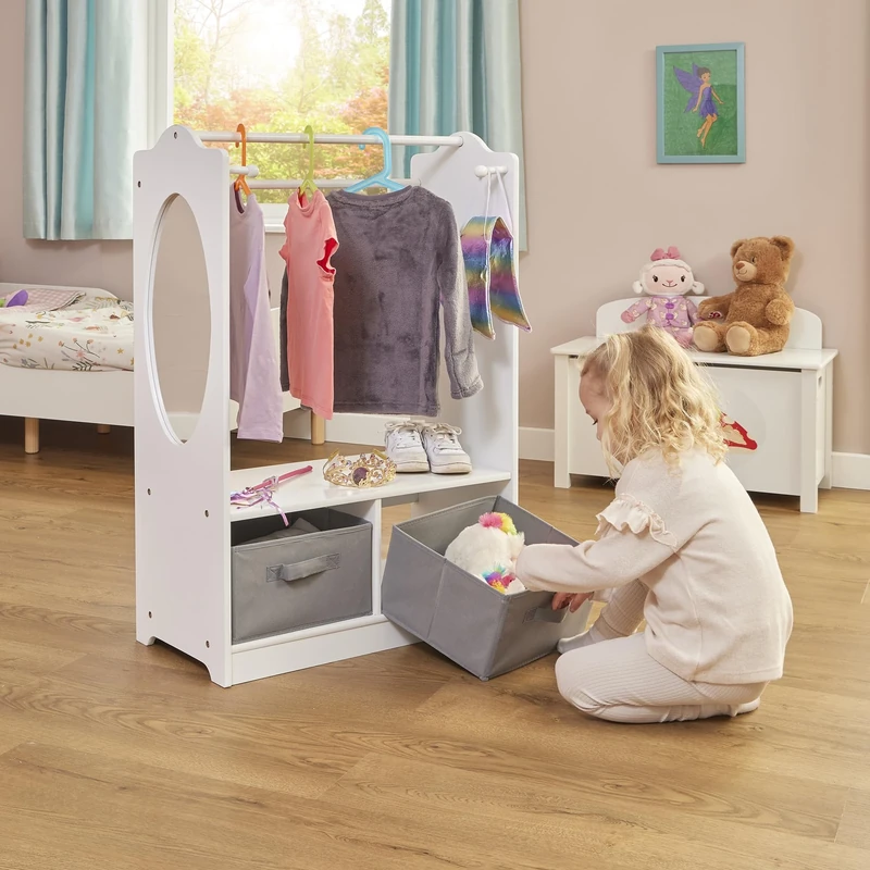 Liberty House Toys White Wooden Dress Up Unit With Two Grey Storage Boxes