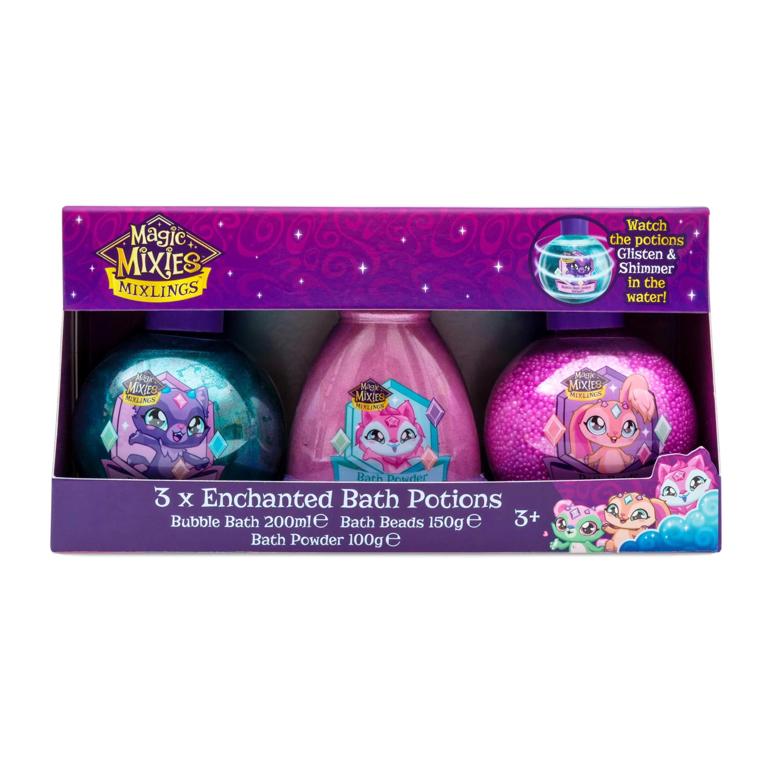 Magic Mixies Mixlings 3 x Enchanted Bath Potions - Children's Bubble Bath, Fizzing Bath Powder & Bath Beads - Kids Bath Time