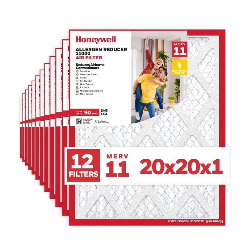 Honeywell 20x20x1 MERV 11 Allergen Reducer 11000 Electrostatic Pleated HVAC AC Furnace Air Filter (12-Pack) | Replacement Filter for Home Use | Made in USA