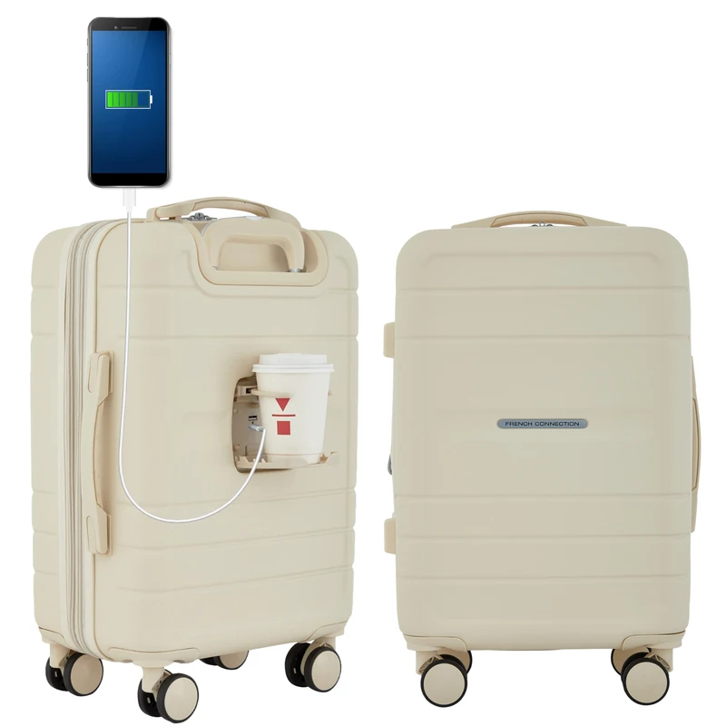 French Connection St. Martin Carry-on Luggage with Cup Holder/USB Ports, Whitecap Gray, 15.4 x 9 x 22 inches, St. Martin Carry-on Luggage with Cup Holder/USB Ports - Image 1