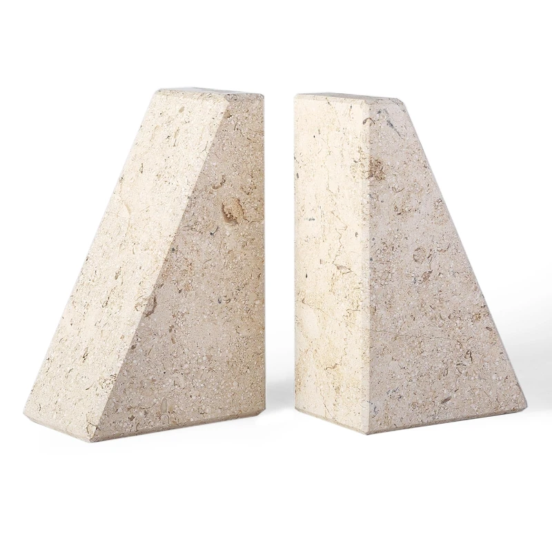 Karibiber Marble Bookends for Heavy Books, Decorative Book Ends for Shelves, Beige Stone Durable and Heavy-Duty Book Ends for Hardback Books & CDS, Unique Book Stopper & Holder, Set of 2
