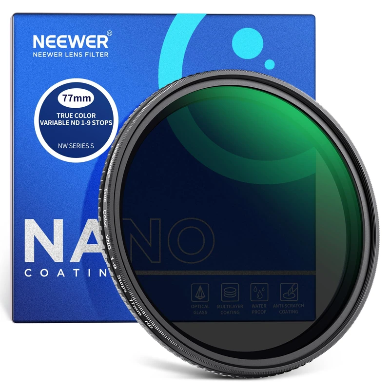 NEEWER 77mm True Color Variable ND2-ND400 Filter, Hard Stops Adjustable Neutral Density VND Filter with Multi Coated HD Optical Glass/Aluminum Frame/Water Repellent/Scratch Resistant - Image 1