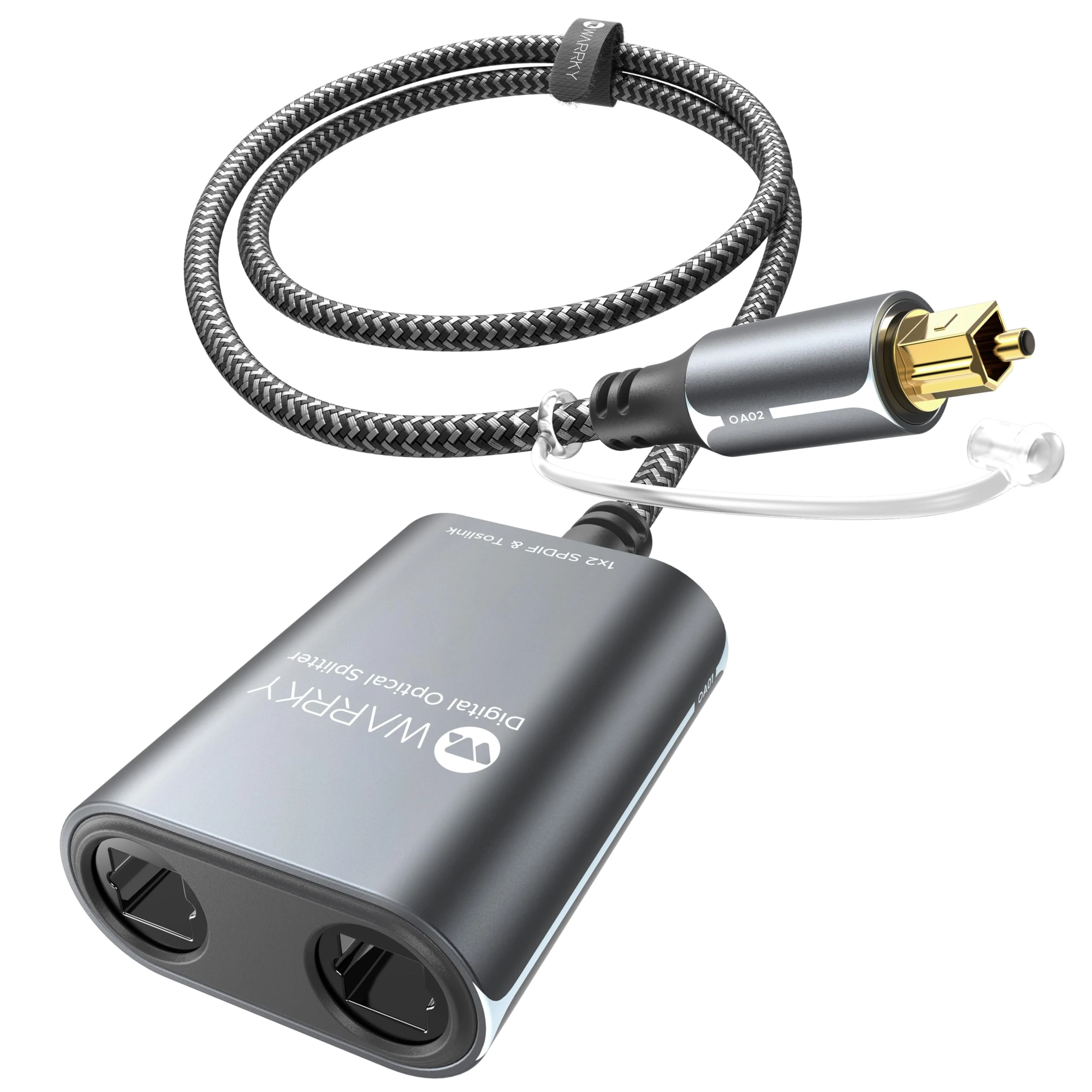 WARRKY Digital Optical Splitter, 1 in 2 Out Optical Splitter 2ft [Aluminum Shell, Gold Plated] Toslink for LPCM 2.0, Dolby, DTS 5.1, Compatible with Soundbar, Headphones, TVs