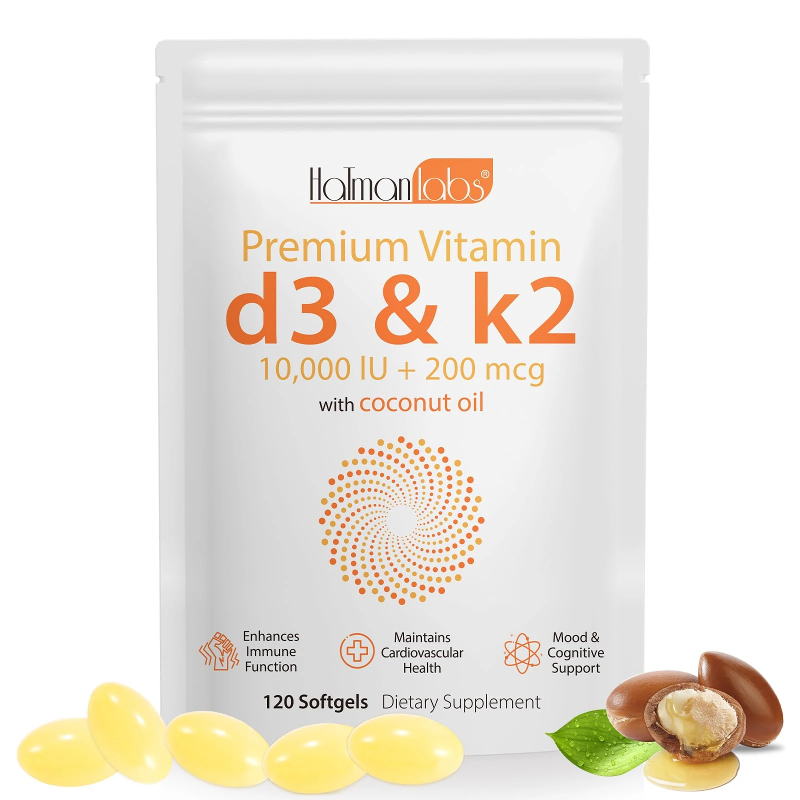 Premium Vitamin D3 & Vitamin K2 (MK-7) Softgels 120 Count Easy-Swallow VIT D3 K2 with Coconut Oil Gluten Free, High Strength Vitamin D3 and K2 Supplements