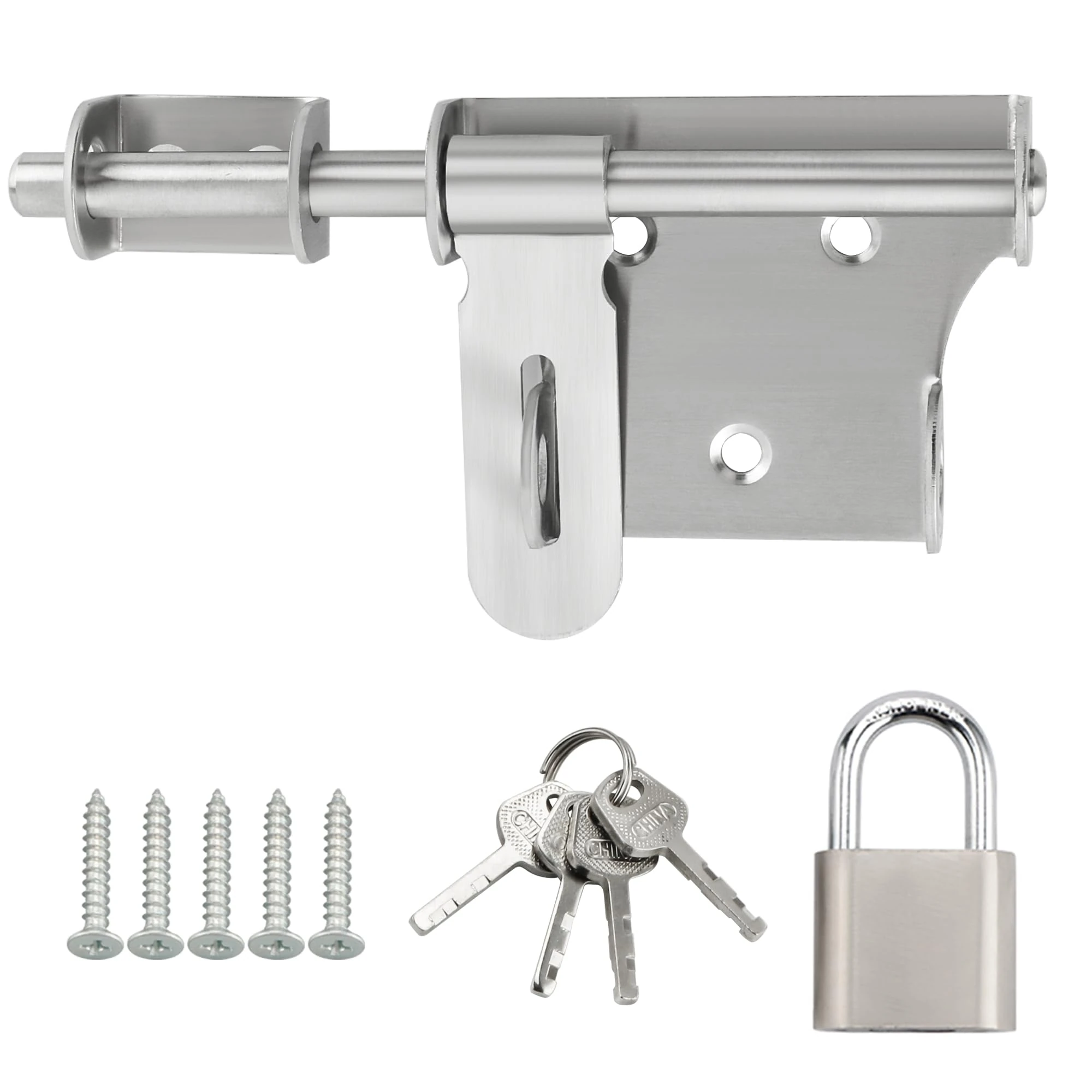 SAYAYO Gate Lock Bolt with Padlock & 4 Keys for Wooden Gates Heavy Duty Shed Locks Latch, 6-Inch Stainless Steel Brushed Nickel, EMS350LS-SET