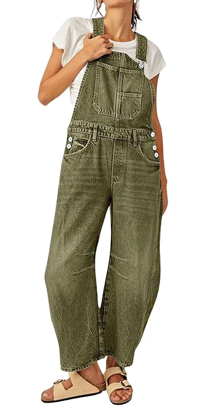 CHARTOU Women Casual Denim Bib Overalls Baggy Barrel Jeans Y2k Wide Leg Denim Jumpsuit Mid Rise Boyfriend Harem Pants, Army Green, X-Large - Image 1