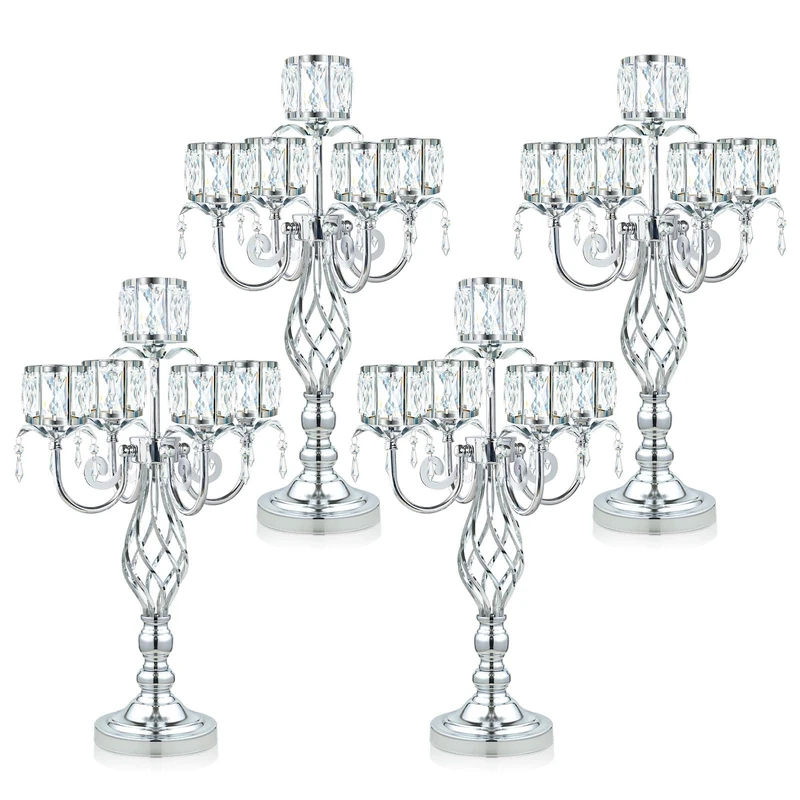 23.2 inch Tall Elegant and Chic 5 Arm Pendant Crystal Candlestick Holder Table Decoration tealight Candle Holder, Candelabra for Gorgeous Wedding/Parties Table Centerpiece (4, Silver)
