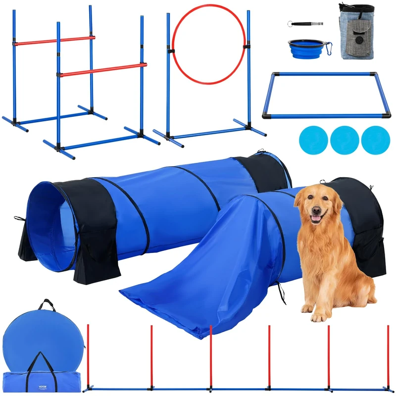 VEVOR Dog Agility Training Equipment, 7 PCS Set w/Adjustable High Hurdles,6 Weave Poles,2 Tunnels,Jump Ring,Pause Box, Whistle,Foldable Bowl,Puppy Obstacle Course Kit w/ 3 Bags