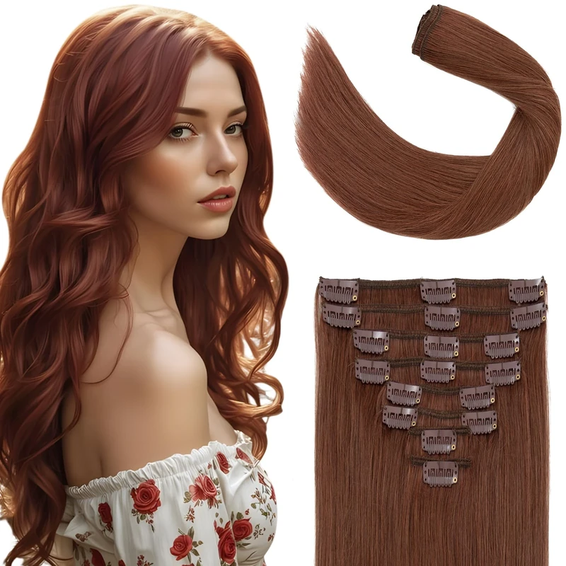 Elailite Clip in Hair Extensions Real Human Hair 8 Pieces Standard Weft Straight - #33 Dark Auburn - 16 Inch (90 g)