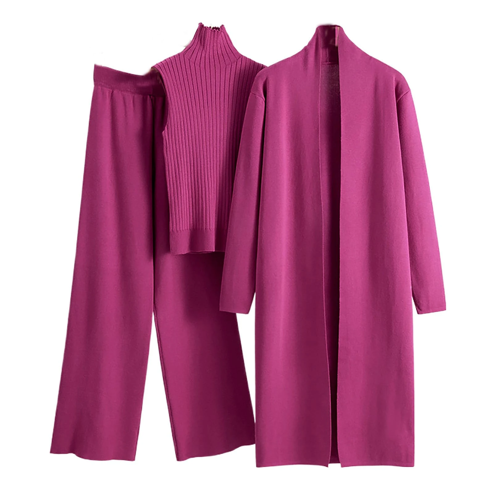 Lounge Sets for Women: UK Tracksuits Two Piece Outfit Gym Set Outfits Co Ord Travel Clothes Knitted Cardigan Rib Turtle Neck Vest and Trousers 3 Piece Set Hot Pink