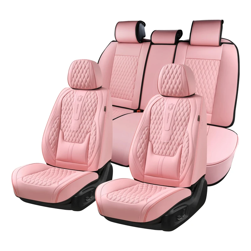 Coverado Seat Covers Full Set, Pink Car Seat Covers, Waterproof Car Seat Cover with Lumbar Support, Leather Car Seat Cushion Protector, Car Seat Covers Universal Fit Most Cars