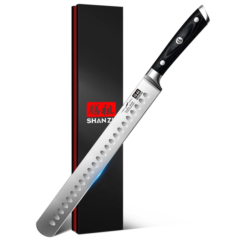 SHAN ZU 12" Brisket Slicing Knife - Carving Slicing Meat Kitchen Knives Professional German High Carbon Stainless Steel Razor Sharp Blade, Ergonomic Wood Handle & Full Tang Design, Gift Box Included