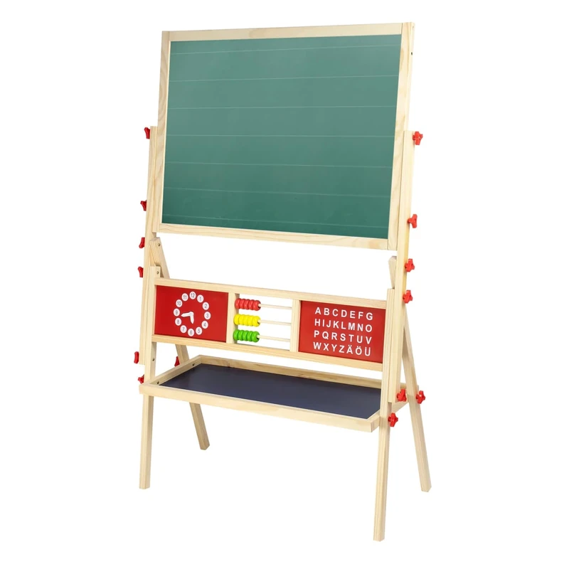 Idena 20177 Magnetic Stand Board for Children, 2-Sided with Shelf, Abacus and Clock, Chalkboard and Magnetic Board Made of FSC Wood, Approx. 76 x 38 x 118 cm