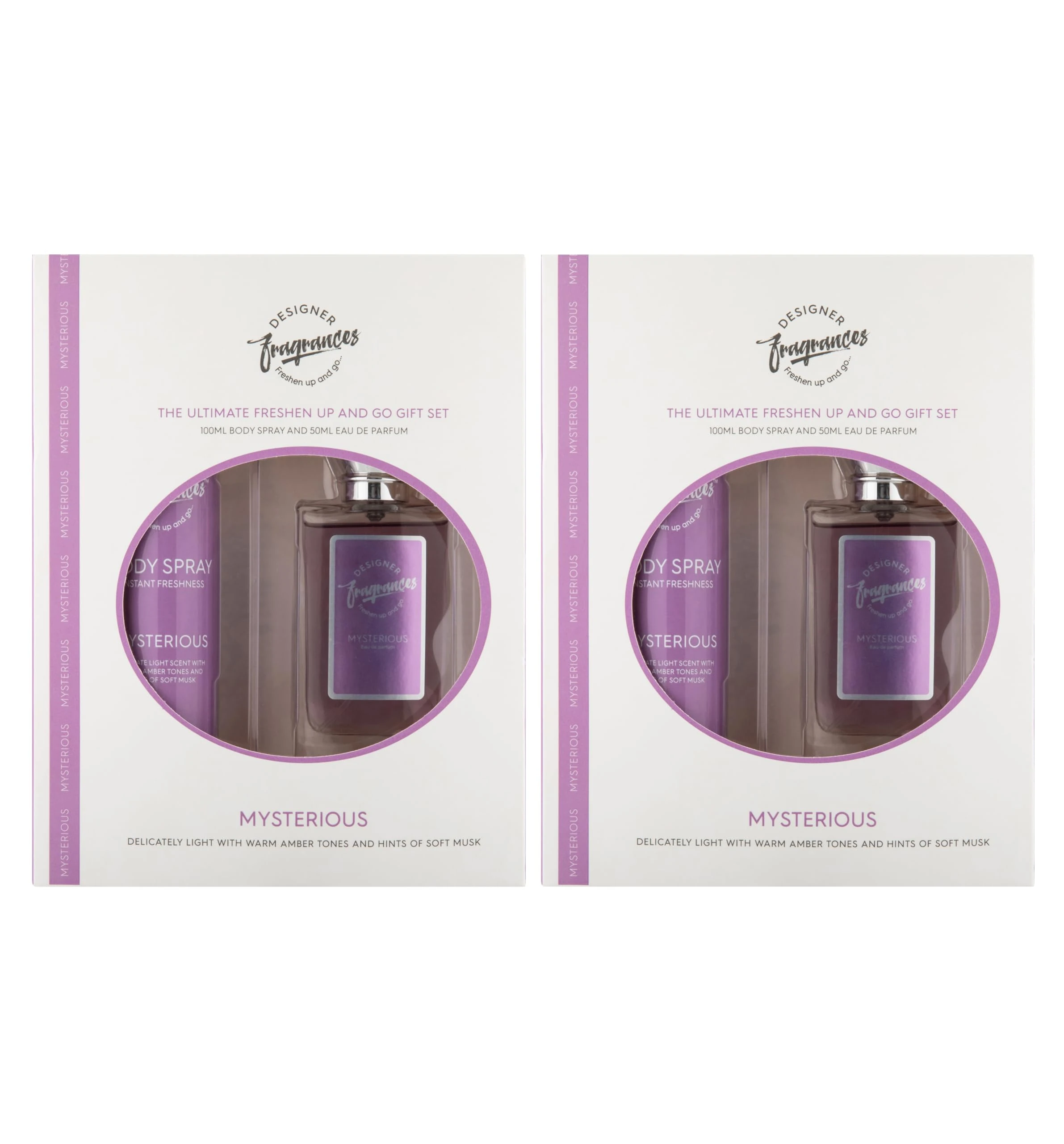 Designer Fragrances Mysterious Female Twin Gift Set - Includes 2 x 100ml Body Spray Deodorant Cans, 2 x 50ml Women’s Eau De Parfum Sprays - For Instant Freshness on The Go - Long Lasting Smells