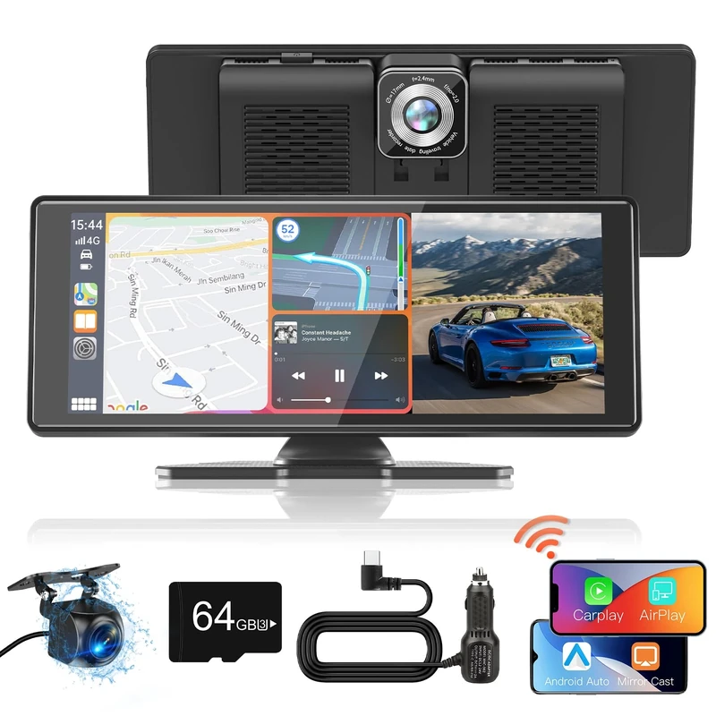 Texpot Car Stereo for Apple CarPlay Android Auto with 4K Dash Cam 1080P Backup Camera, 10.26" Portable Wireless Carplay Screen Car Play with Bluetooth/AUX/FM/Navigation/Mirror Link/64G TF