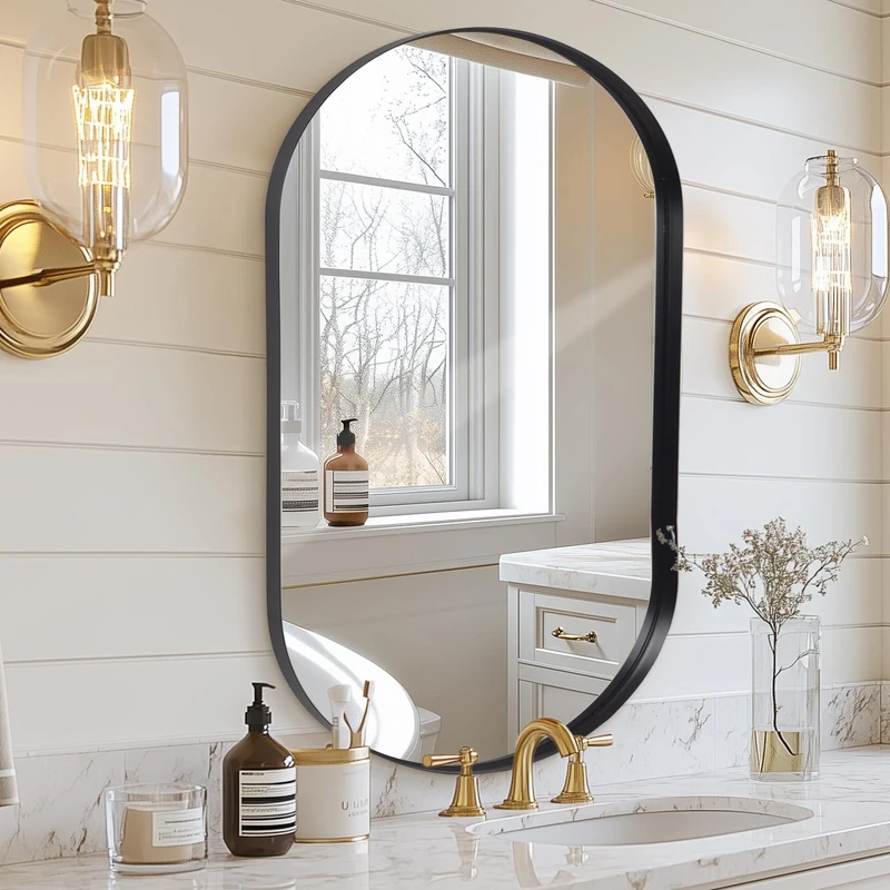 Melodieux Black Bathroom Vanity Mirror for Wall, 55x75 cm Metal Framed Wall Mirror Oval, Decorative Mirror for Bedroom Living Room Entryway Horizontally or Vertically