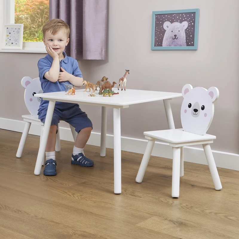 Liberty House Toys Bear Table and Two Chairs Set, White, H44 x W60 x D60cm