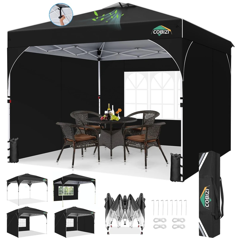 COBIZI Folding Gazebo 3 x 3 m Waterproof Stable Winterproof with UV Protection 50+, Height-Adjustable Pop Up Gazebo with Ventilation and 3 Side Panels, Includes 4 Sandbags for Camping, Beach and