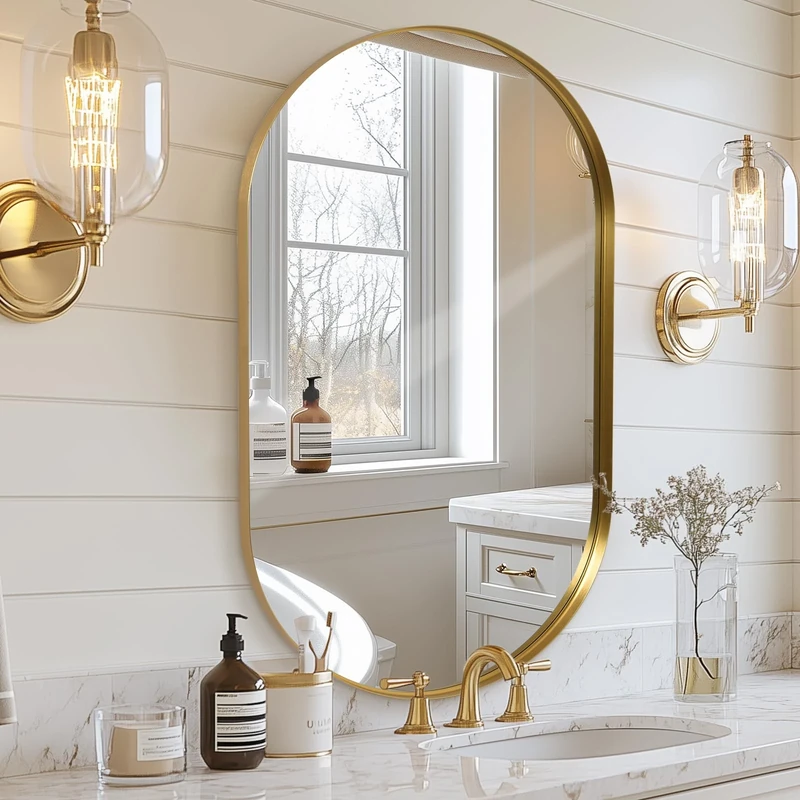 Melodieux Gold Bathroom Vanity Mirror for Wall, 55x75 cm Metal Framed Wall Mirror Oval, Decorative Mirror for Bedroom Living Room Entryway Horizontally or Vertically