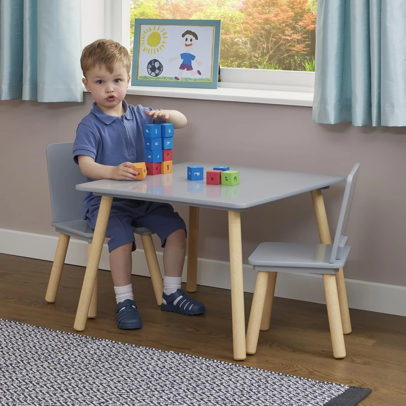 Liberty House Toys Kids Grey and Pinewood Table and Two Chairs Set, H44 x W60 x D60cm
