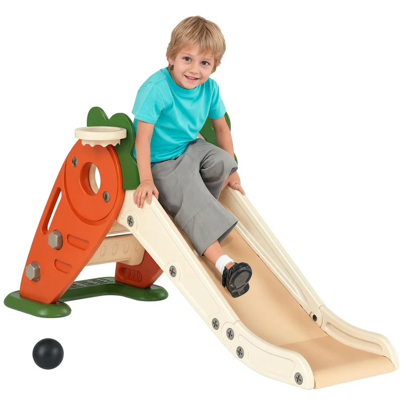 AIYAPLAY Kids Slide, 3 in 1 Foldable Toddler Slide with Basketball Hoop, Climber, Carrot-themed Indoor Playset for 1-3 Years Old, Orange