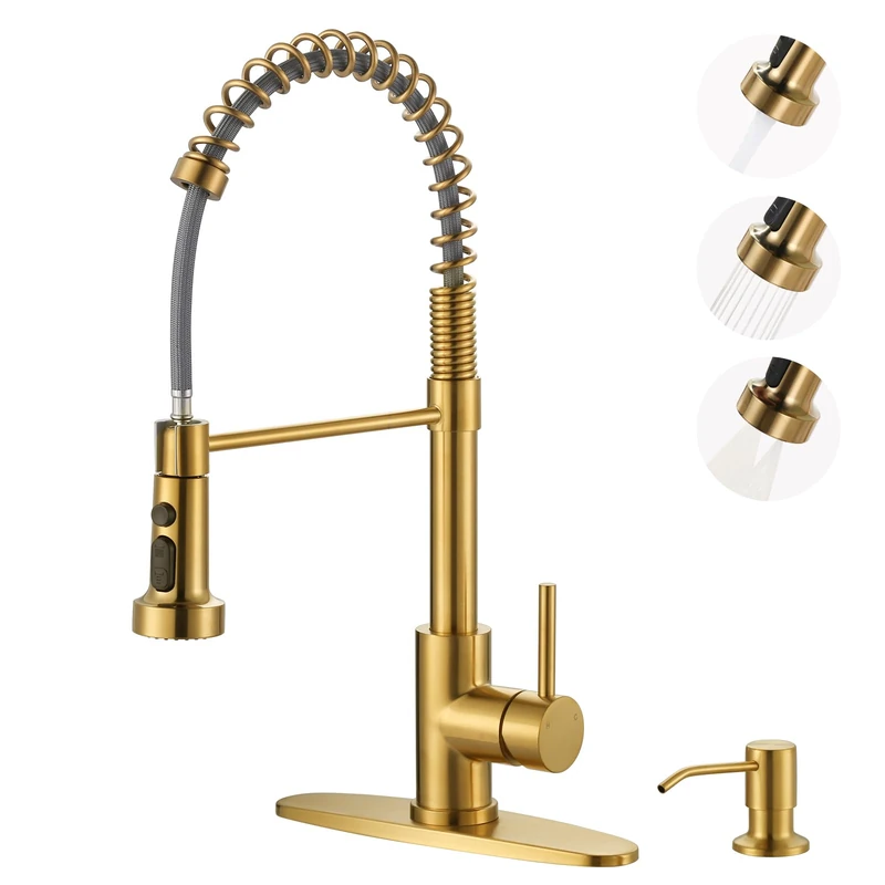 Kitchen Sink Faucet with Soap Dispenser: Brushed Gold Kitchen Faucets with Pull Down Sprayer - Stainless Steel Single Handle Kitchen Faucet with Deck Plate for Farmhouse, RV, Laundry
