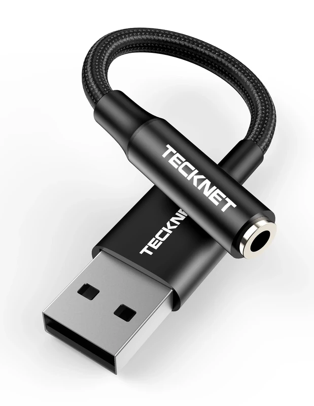 TECKNET USB to 3.5mm Jack Audio Adapter, 2 in 1 USB Sound Card, Aluminum Alloy Shell, Nylon Braided Design Sound, Easy Setup, Compatible with PC, Laptop, PS5, PS4, Switch, Mac, Windows, Linux - Image 1