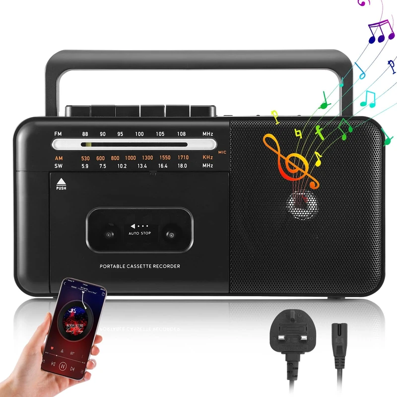 Cassette Player Boombox AM/FM Radio Stereo,Portable Cassette Tape Player/Recorder with Big Speaker and Earphone Jack,Support USB/TF Card, Blue-tooth Radio Cassette Player Mains and Battery